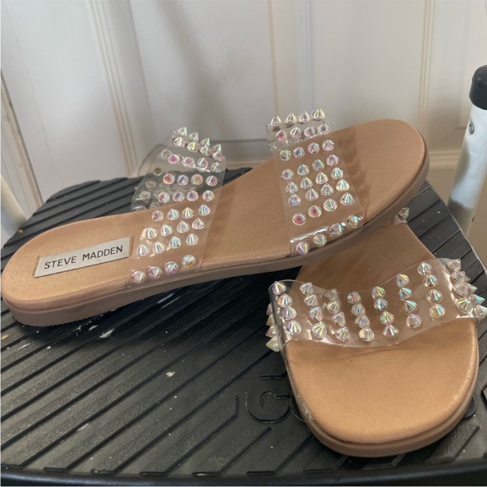 Steve Madden Clear and Tan Studded Sandals
